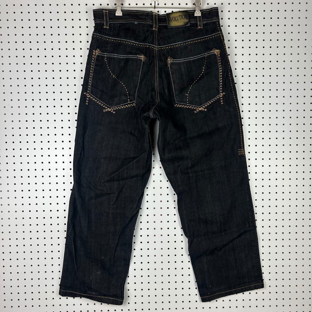 Evolution In Design Black Baggy Jean 34x32 Gold Stitched Y2K Hip Hop Gothic Punk